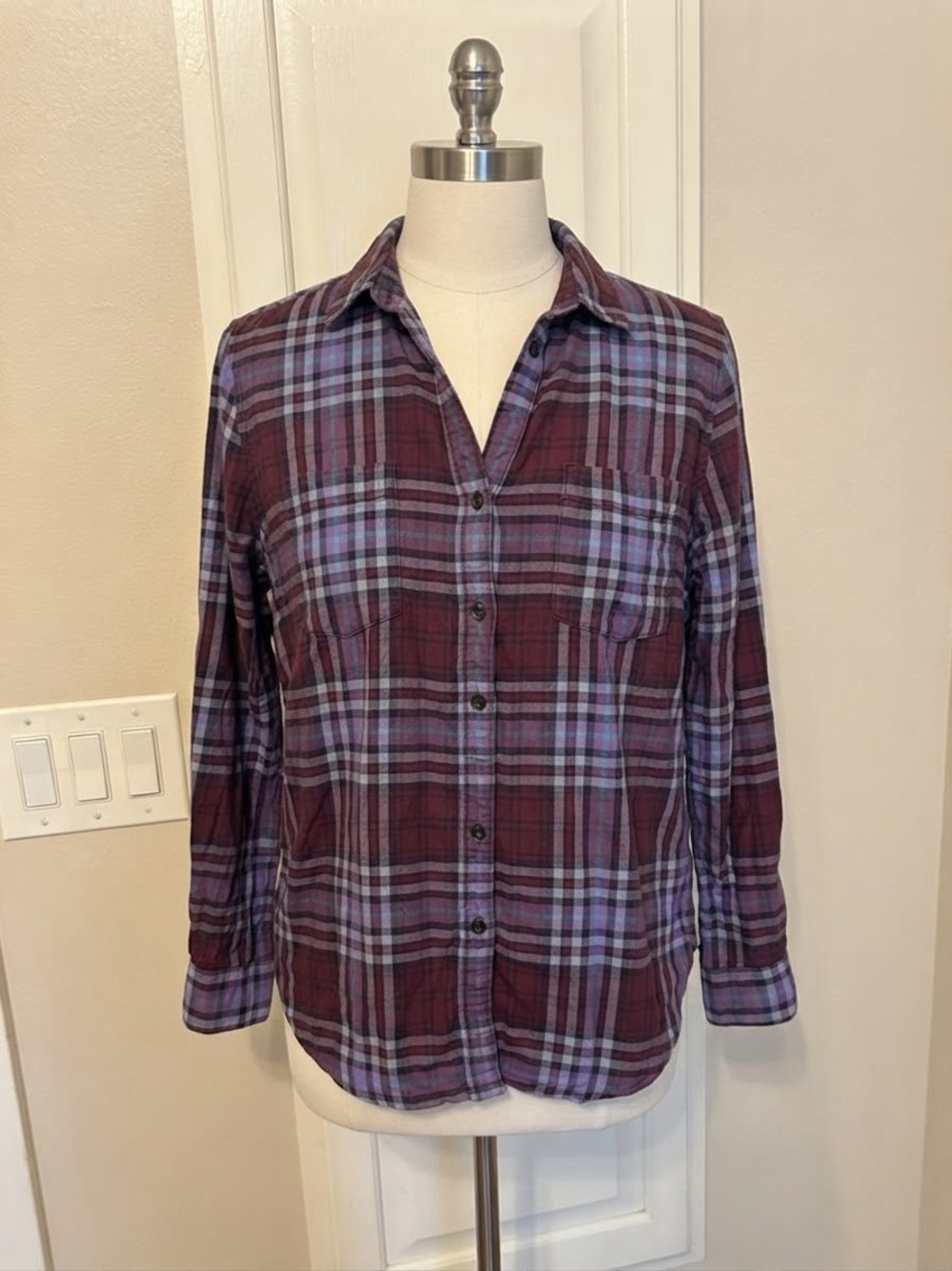 Eddie Bauer Plaid Button-Down Shirt - Burgundy & Lavender
